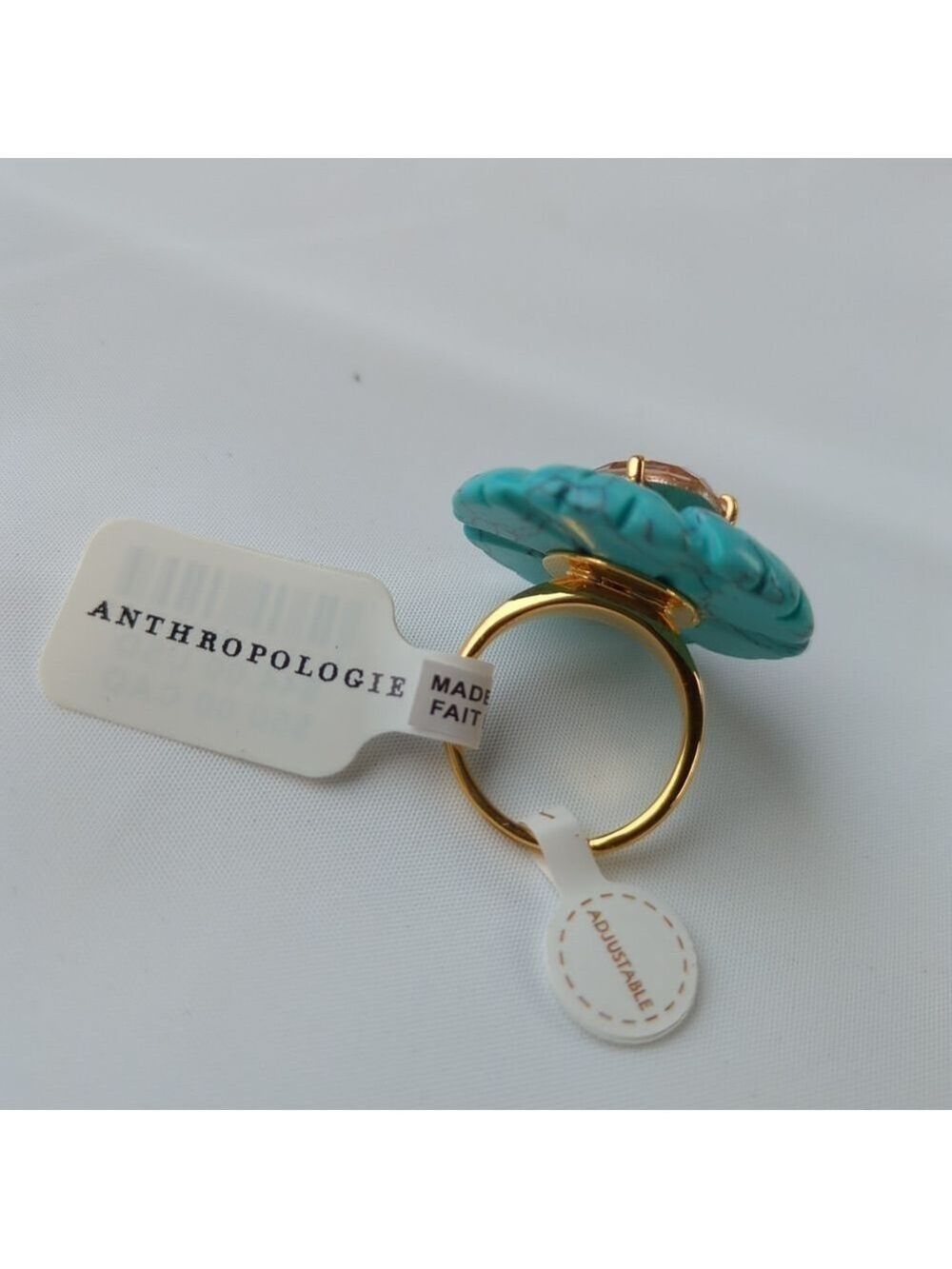 Anthropology 14k Gold Plated Floral Stone Ring Turquoise With Pink Crystal.  OS - Picture 4 of 7
